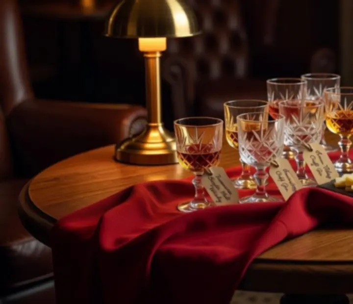 Guided spirit tasting session with glasses and tasting notes on a dark lounge table