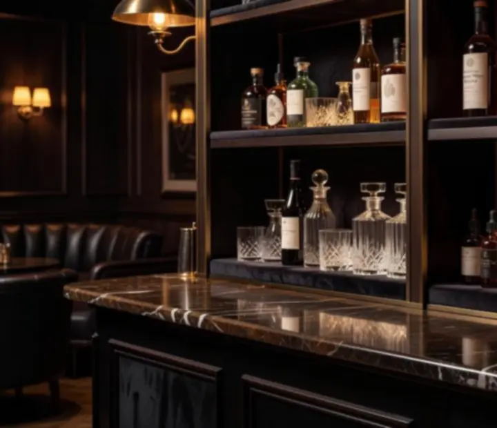 A curated selection of artisanal spirits arranged on a softly lit back-bar.