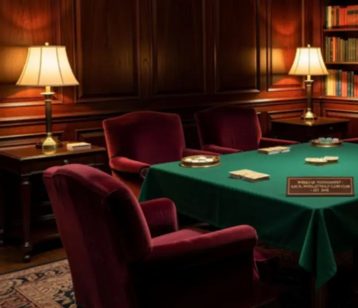 Private back-room offline poker lounge with felt-topped tables and intimate lighting