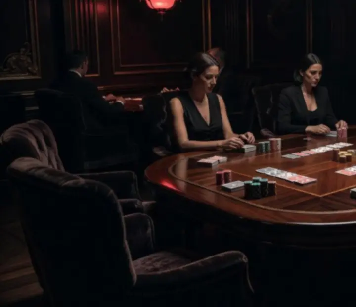 Private offline poker salon with dim lighting and green felt tables