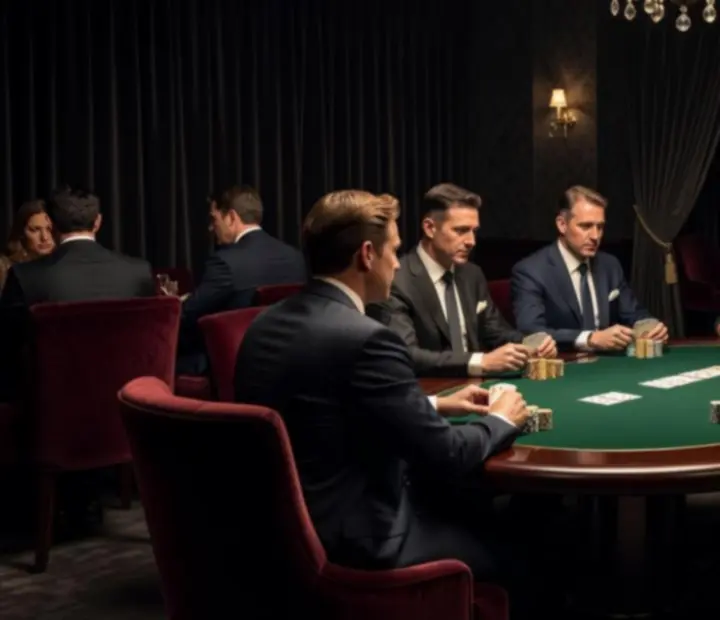 Guests gathered around card tables in a velvet-clad lounge offline poker salon