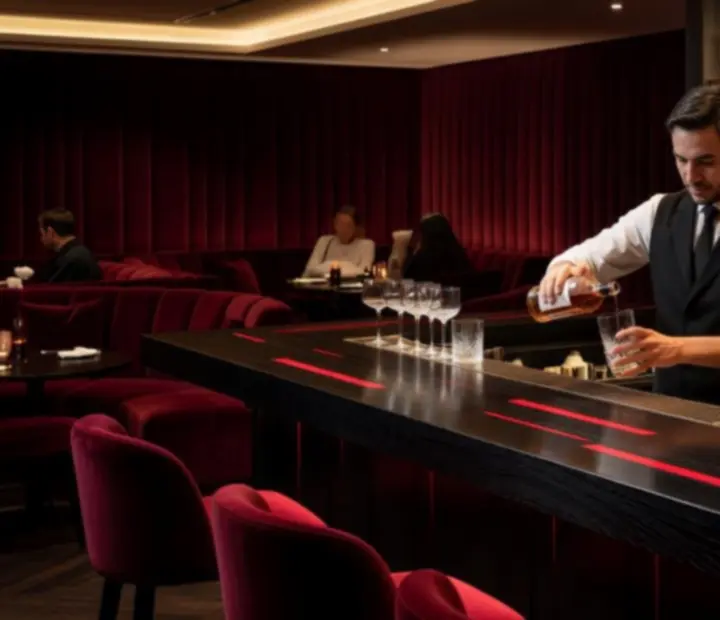 Dimly lit cocktail bar with glowing bottles and crafted drinks