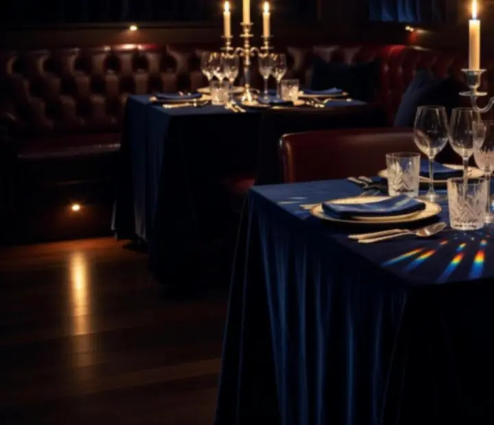Elegant evening restaurant table setting at Suited Supper Lounge